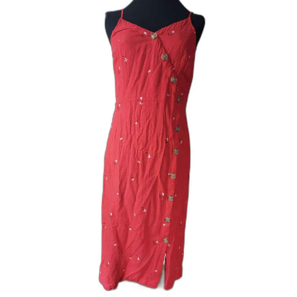 Women's Red Floral Midi 90s Y2K Boho Dress Button Front Placket Assymetrical SM